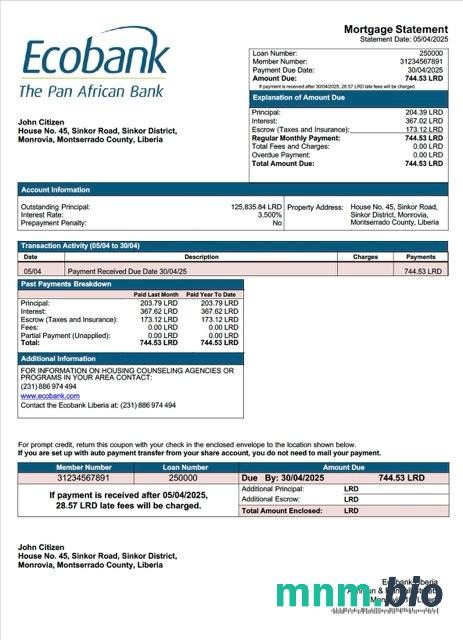 Liberia Ecobank Liberia wyciąg z kredytu hipotecznego szablon Word i PDF
